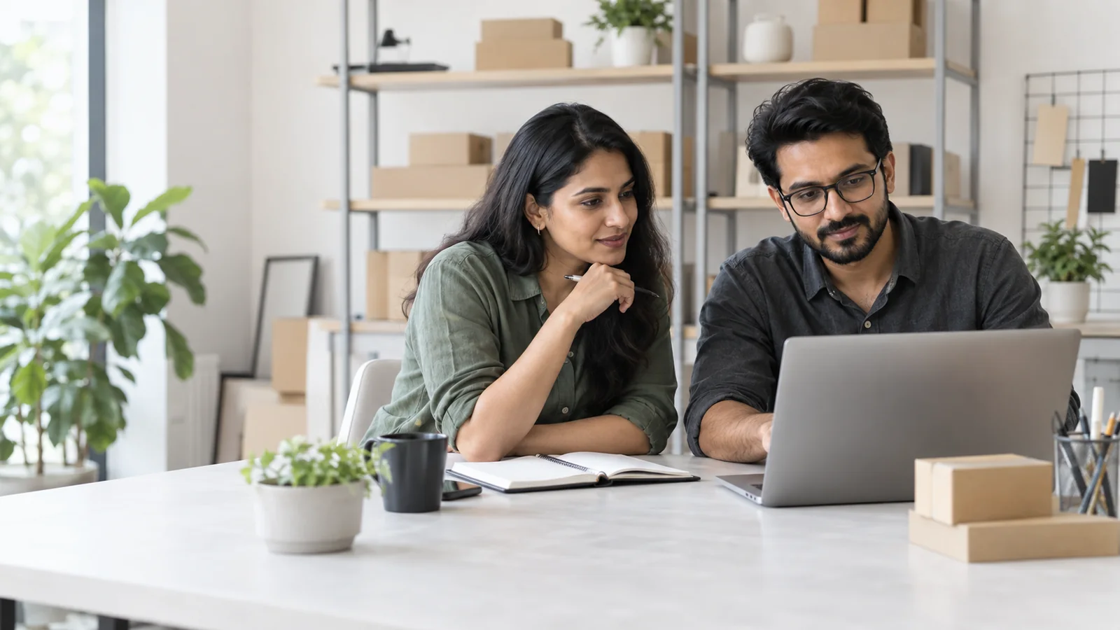 Two Indian ecommerce professionals reviewing shop operations together