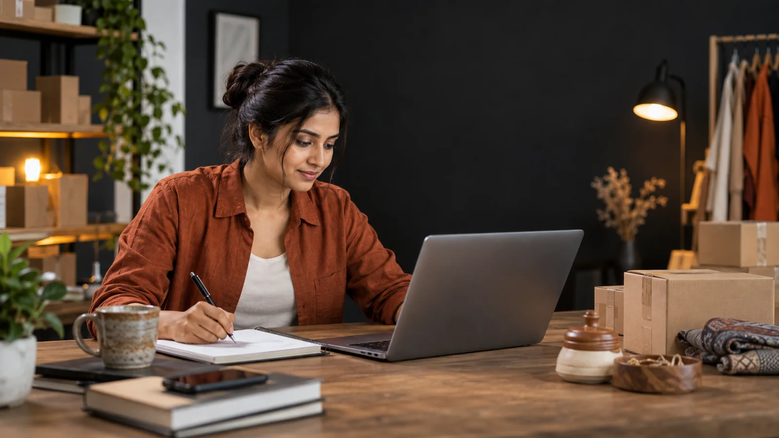 Indian ecommerce professional reviewing notes beside a laptop