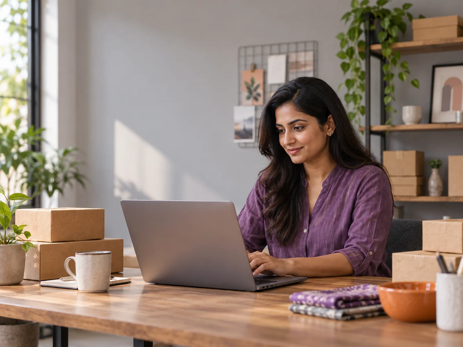 Indian marketplace seller working at a laptop beside packed products